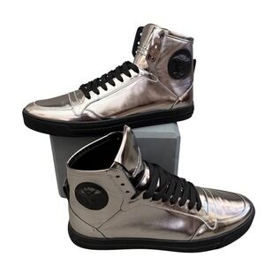 Versace Metallic Silver High Top Sneakers Men's Size 44 US 11 Made in Italy